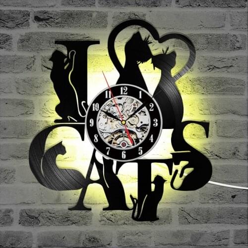 I Love Cats Vintage Vinyl Record Clock Vinyl Record Wall Clock Modern Design 7 LED Colors Change Hanging Wall Watch Home Decor
