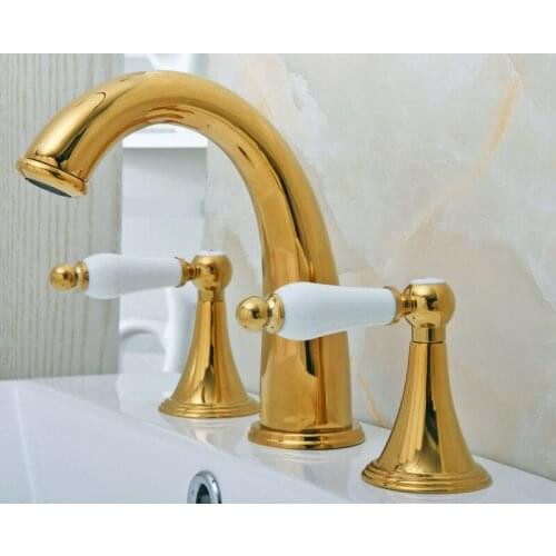Deck Mounted 3 Holes Bath Tub Mixer Tap Gold Color Polished Brass Widespread 2 Handles bathroom basin Faucet agf022