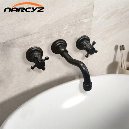 Basin Faucets Wall Mounted Brass Bathroom Sink Basin Mixer Tap Faucet 3 Pcs Black Faucet Dual Handle Sink Mixer Taps XR8251