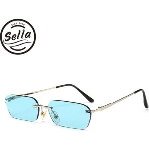 Sella Trending Women Men Small Narrow Tint Lens Sunglasses Fashion Rimless Rectangle Pink Blue Yellow Lens Square Eyewear Shade