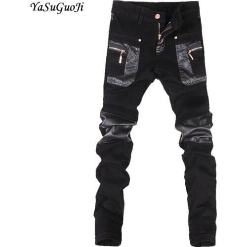 YASUGUOJI Punk Style Pu Leather Patchwork Skinny Jeans for Mens Dropshipping Mens Jeans Brand Distressed Jeans Black Jeans Men