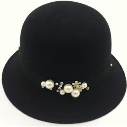 Imitation Wool Top Hat Autumn Winter Ladies Basin Cap British Middle-aged Female Fashion Pearl Winter Cotton Hat A87