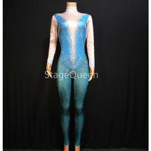 Women Sexy Silver Rhinestones Backless Jumpsuit Birthday Celebrate Outfit Nude Blue Bodysuit Evening Singer Dance DS DJ Jumpsuit