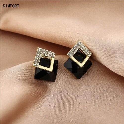 Womens 925 Silver Pin Earring Rhombus Black Diamonds All-match Elegant Fashion Simple Personality Alloy Decoration Jewelry Gift
