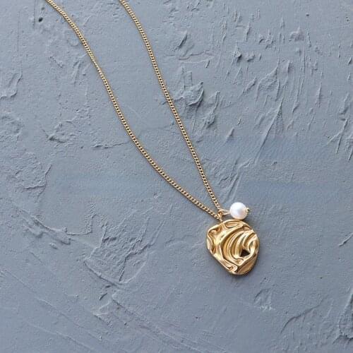 Minar Stylish Real Pearl Irregular Geometric Pendant Earrings for Women Thin Chain Titanium Steel Necklace Simple Accessories