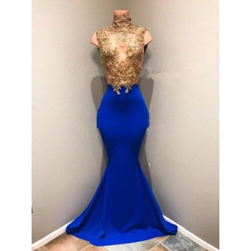 Royal Blue Evening Dresses Mermaid High Collar Appliques Beaded Dubai Saudi Arabia Long Prom Dress Gown Robe De Soiree