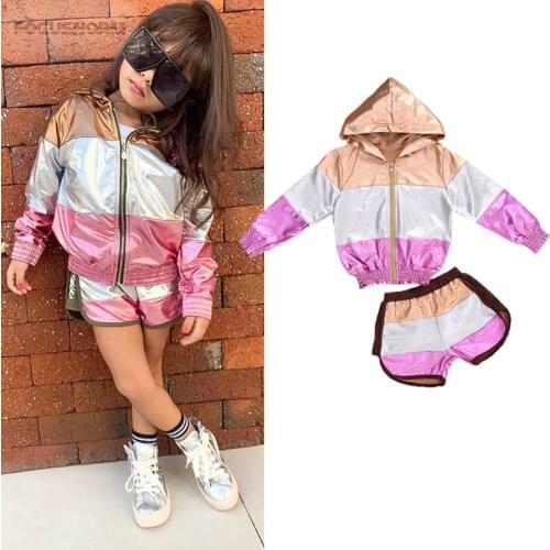 2020 Fashion Autumn Toddler Kid Baby Girls 2Pcs Clothes Sets Cool Patchwork Long Sleeve Zipper Hooded Coat Shorts Sports Outfits