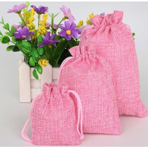 5Pcs Pink Color 7x9/10x14/13x18cm Vintage Natural Burlap Hessia Gift Candy Bags Wedding Party Favor Pouch Jute Gift Bags