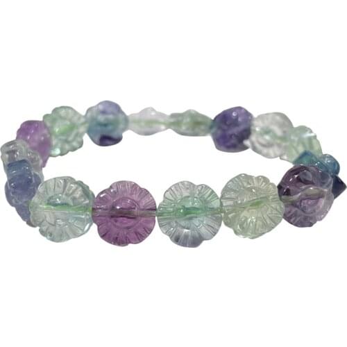Fluorite round carved flower 12mm multicolor bracelet 7.5inch wholesale beads FPPJ
