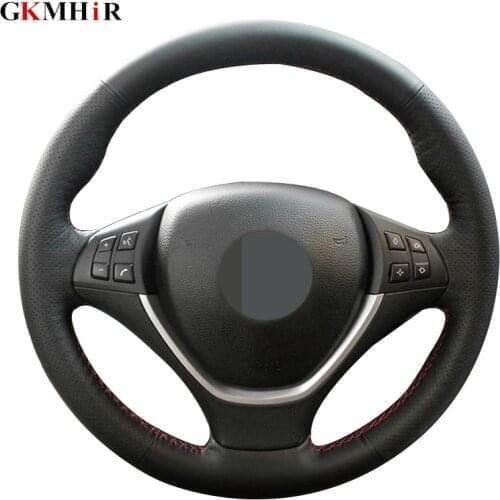 Black Genuine Leather DIY Hand-stitched Car Steering Wheel Cover for BMW E70 X5 2006-2013 E71 X6 2008-2014