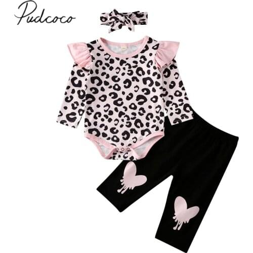 2020 Baby Spring Autumn Clothing 3Pcs Newborn Baby Girls Clothes Leopard Ruffle Romper Hearts Pants Leggings Headband Outfits