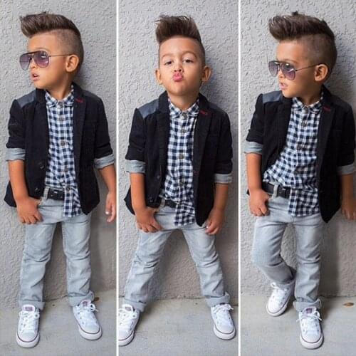 European and Americanhandsome childrens suits black jacket + plaid shirt + jeans three-piece