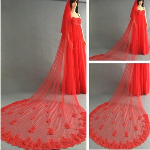Stunning Red Wedding Veils 1.5*3m Long Wedding Veils Floral Applique with beads Wedding Accessories Bridal Veils