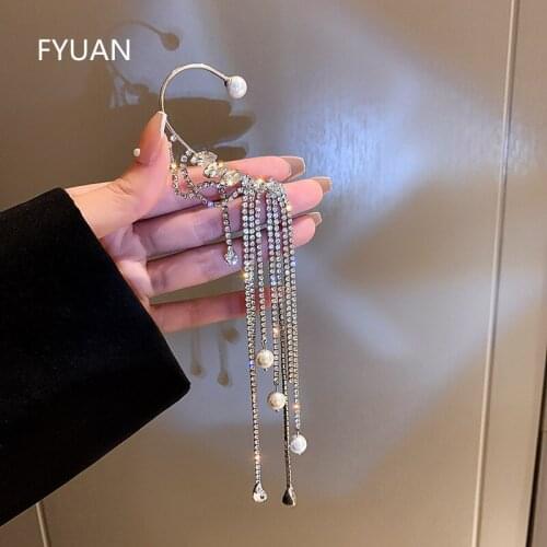 FYUAN Long Tassel Geometric Crystal Rhinestone Clip Earrings for Women No Pierced Geometric Pearl Ear Clip Statement Jewelry