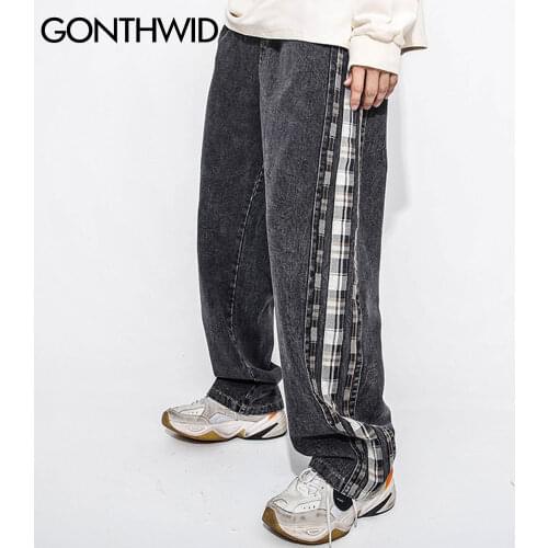 GONTHWID Color Block Patchwork Plaid Denim Jeans Streetwear Men Hip Hop Casual Harajuku Pockets Loose Jean Pants Trousers Male
