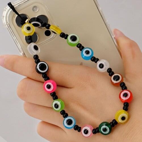 2021 Mininalist Black Beaded Colorful Eye Beads Acrylic Mobile Phone Chain for Women Girls Phone Lanyard Jewelry Accessories