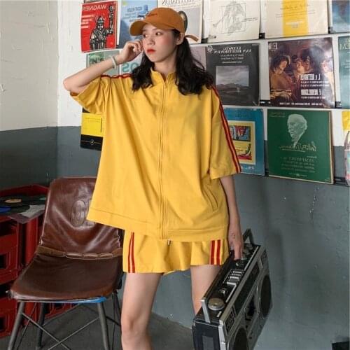 2021 Ropa Verano Mujer Striped Tracksuit For Women Sets Short Sleeve Two Piece Female Loose Cotton Wide Leg Sport 2pc Sets A240