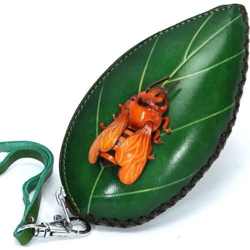 Handmade vegetable tanned leather Coin Wristlet Wallet Insect and leaves handbag leaves shaped bags cartoon zero wallet crafts