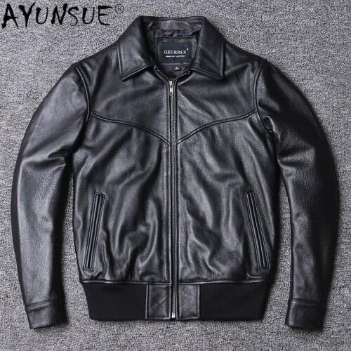 AYUNSUE 2020 Mens Genuine Cowhide Leather Jacket Men Autumn 4XL Jackets Mens Zipper Short Coat Male Ropa De Hombre LXR1049