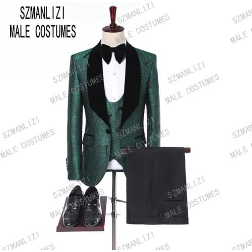 Drop Shipping 2019 Black Velvet Shawl Lapel Fashion Green Leaves Groom Suits Wedding Prom Slim Fit Suit For Mens Tuxedos Costume