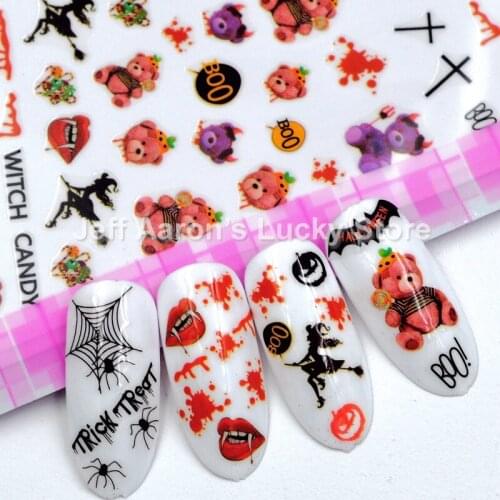 4 sheets lot self-adhesive Halloween nail sticker decals for nail art decorations cartoon bear fake nails accessoires