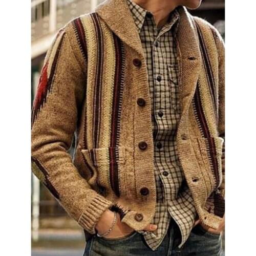 Autumn Winter Men Warm Sweater Coat V-Neck Button Knitted Slim Fit Coat Cardigan Striped Sweater Male Vintage Casual Tops
