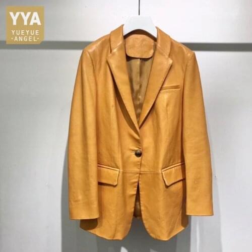 High Quality Genuine Leather Suit Jacket Women Single Button Slim Fit Vintage Sheepskin Coat Elegant Office Lady Outerwear Tops