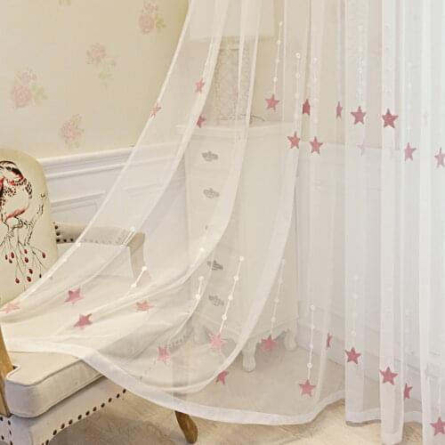 Pink Star Embroidered Sheer Curtains for Kids Room White Voile Navy Blue Elegant Sliding Door Nursery Drapes