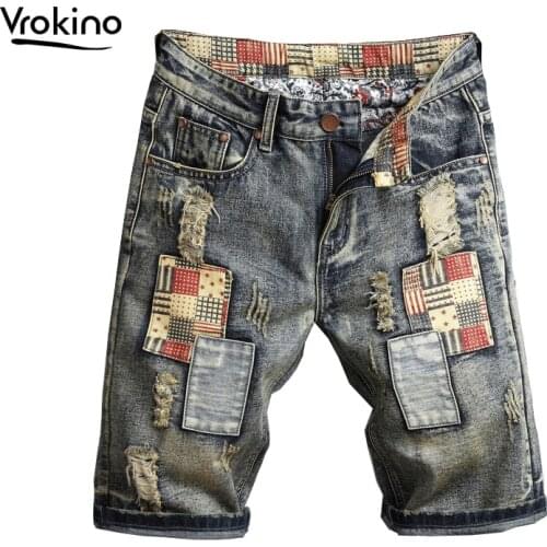 2020 New Mens Summer Shorts Jeans Leisure Fashion High Quality Patch Retro Shorts Men Elastic Force Straight Brand Clothing