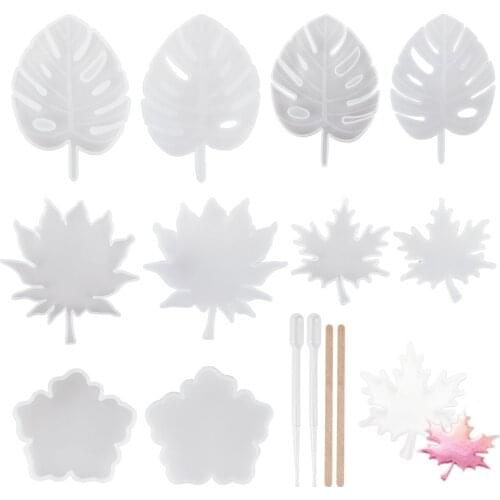 Silicone Resin Molds Flower Maple Leaf Tray Coaster Casting Molds with Droppers Sticks for DIY Epoxy Resin Jewelry Crafts Making