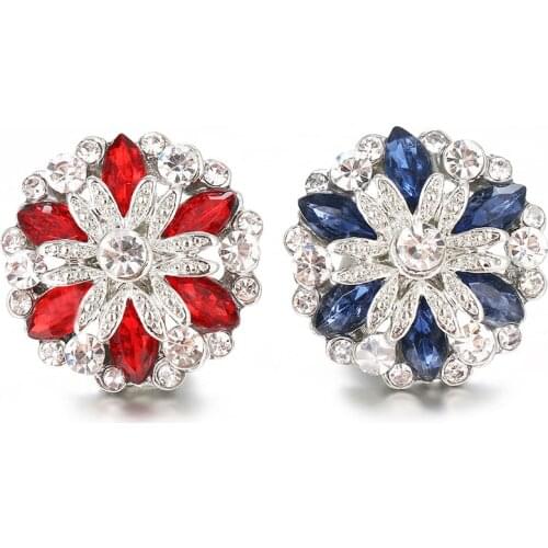 New Beauty Crystal Flowers Red/Blue rhinestone metal 18mm snap buttons fit 18mm snap jewelry wholesale