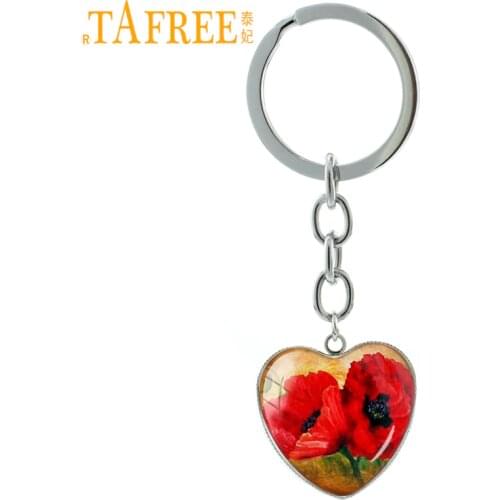 TAFREE Beautiful Red Poppies keychain 2017 New Arrival glass art Poppy Flower heart pendant key chain ring women jewelry HP490