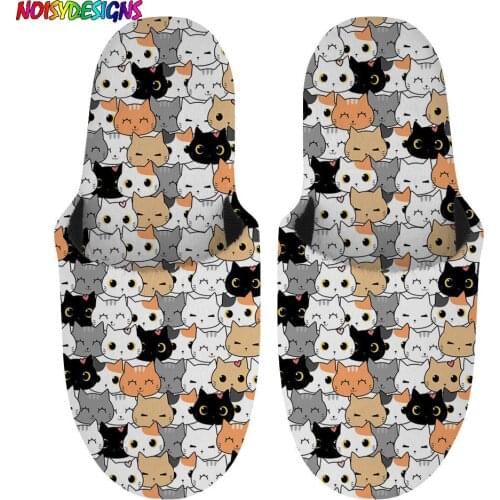 NOISYDESIGNS Cute Adorable Cartoon Cat Faces Print Home Plush Slipper Unisex Plus Size Winter Warm Soft Indoor Shoes Slippers