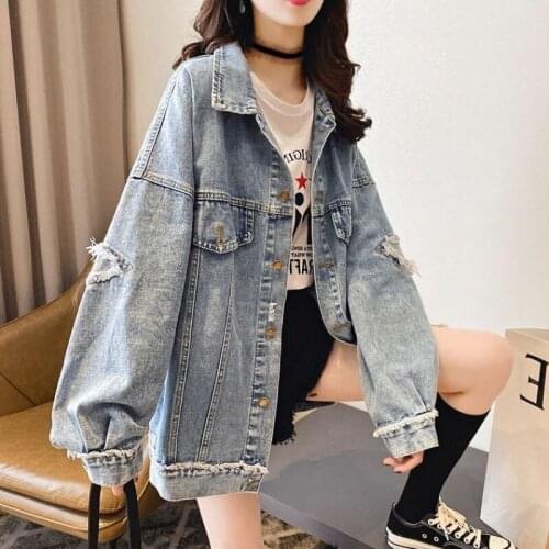 VmewSher New Women Oversize Denim Jackets Patchwork Wash Long Sleeve Vintage Casual Jean Coat Female Streetwear Big Hole 2021