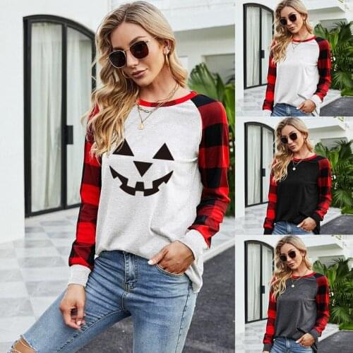 Ladies Christmas new plaid simple print pattern grimace loose round neck womens t-shirt tops for women full sleeves