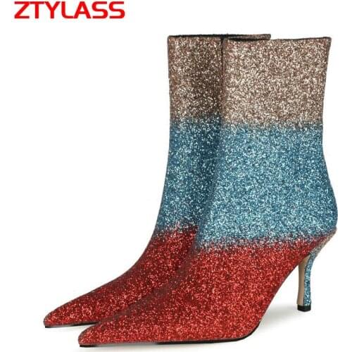 Women Fashion Zipper Mixed Colors Ankle Boots Lady Sequinted Thin High Heel Short Boots Autumn Winter Pointed Toe Shoes Woman