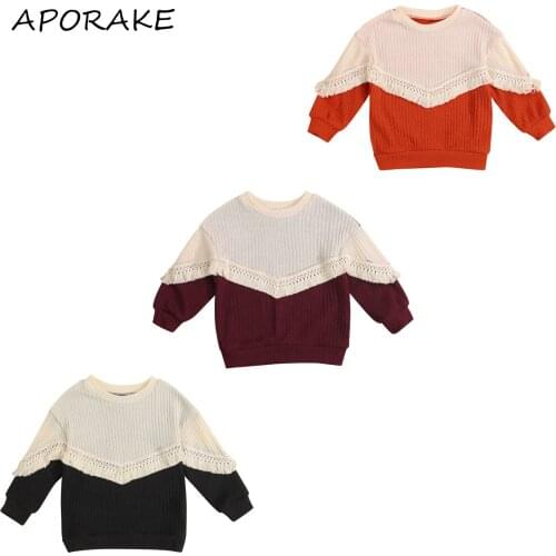 2021 2-7Y Sweet Kids Baby Girls Sweaters Top Winter Fall Tassels Round Neck Patch Long Sleeve Knitted Top Pullovers Outwear