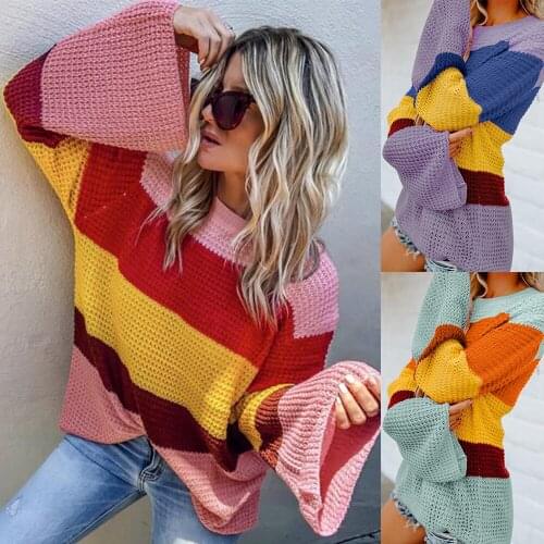S-XL autumn winter patchwork knit sweater women winter clothes sweaters long sleeve o-neck pullovers striped loose sweater