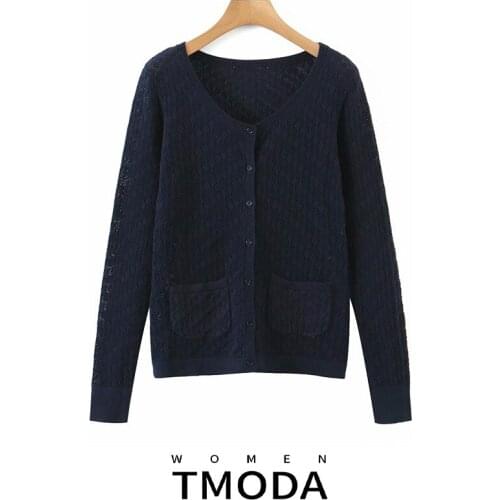 TMODA1796 2021 Spring Autumn Woman Fashion Hollow Out Knitted Long Sleeve O-Neck Navy Loose Casual Cardigan Sweater Female Tops