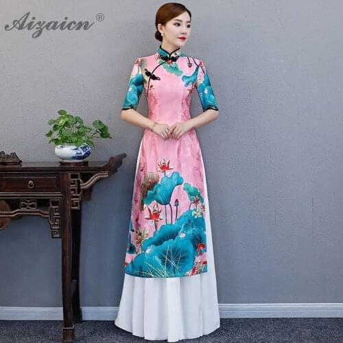 Modern Cotton Printing Cheongsam Two-piece Set Qipao Women Traditional Chinese Dress Robe Orientale Collars Retro Dressing Gown