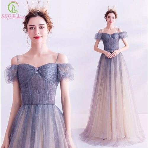 SSYFashion New Gradient Blue Shining Evening Dress Boat Neck Sequins Beading Long Prom Formal Gown Vestido De Noche