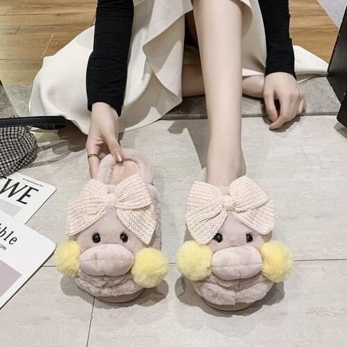 Winter Indoor Lalafanfan MIni Cafe Yellow Duck Plush Slippers Flat Furry Home Cartoon Plush Slippers Couple Animal Warm Shoes