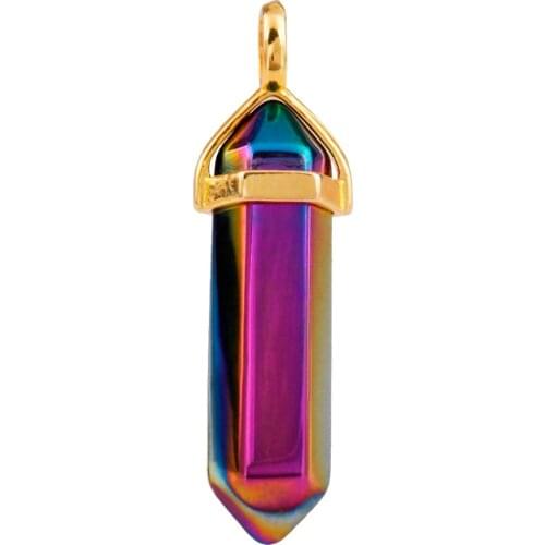 SUNYIK Titanium Coated Rainbow Crystal Quartz Gem Stone Healing Chakra Prism Point Bead Golden Pendant (Free Chain)