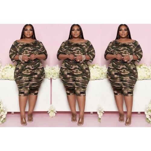 2021 Summer Camouflage Print Tracksuits Plus Size Casual Elastic Waist Knee-Length Shorts + O-neck Half Sleeve T-shirts Outfits