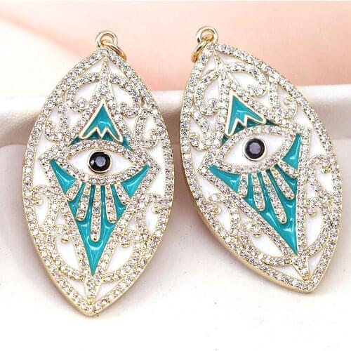 5Pcs,CZ Micro Pave Blue White Enamel Evil Eye On Oval Leaf Shape Pendant, 1Gold Filled Eye Charm, Necklace Pendant,22x40mm