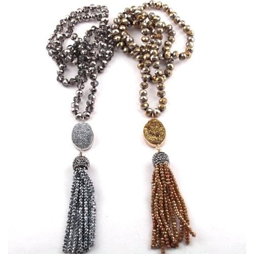 Free Shipping Fashion Bohemian Tribal Jewelry Glass Crystal long Knotted Druzy Link Crystal Tassel Necklace
