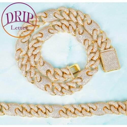 Miami Cuban 18mm Bracelet & Necklace Set Solid Back Zircon Mens Hip Hop Rock Fashion Jewelry