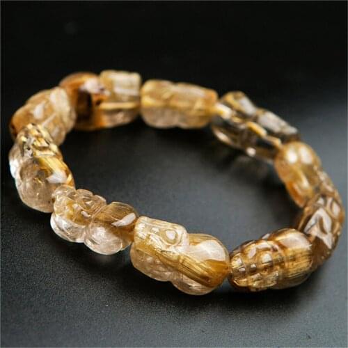 Genuine Gold Natural Rutilated Quartz Bracelets Pi Xiu Shape Crystal Bead Stretch Power Bracelet For Women Men AAAA 20*11*8mm