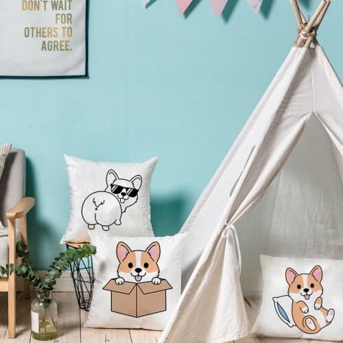 Corgi Print Cushion Case Dog Cartoon Pillow Cover Decor Home Sofa Chair Children Room White Softness Polyester Pillowcase 45x45