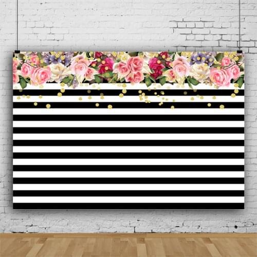 Black Horizontal Stripes with Flowers Backdrop Photography Background Photo Booth Studio Decor